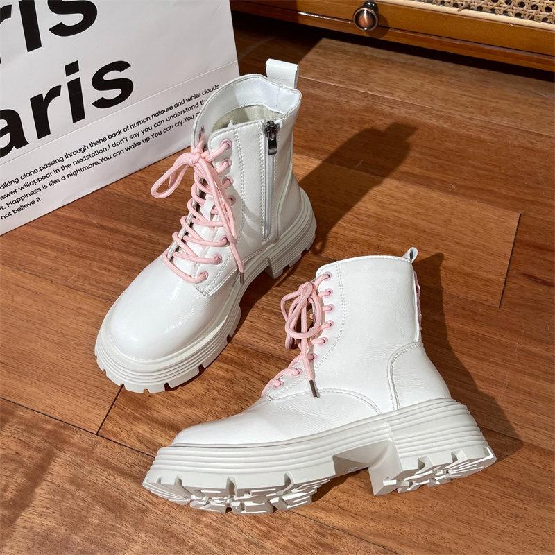 Fashion Winter New Style Fashion Boots Women’s Mid-tube Thick Heel Soft leather Lace up design Ankle Boots Women’s Chunky Platform Boots
