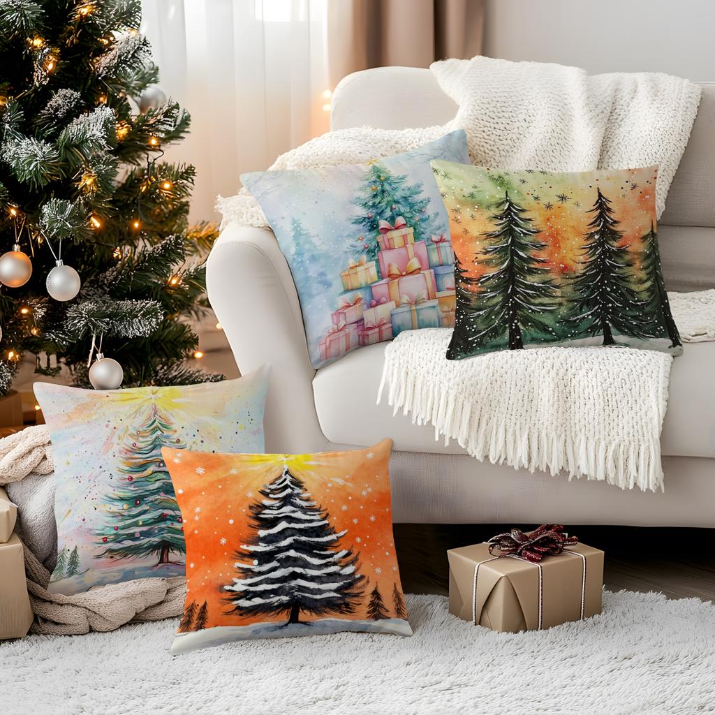 Watercolor Christmas Tree Illustration Pillowcase Bedroom Cushion Cover 100% Polyester Living Room Cushion Pillowcase Home Decor