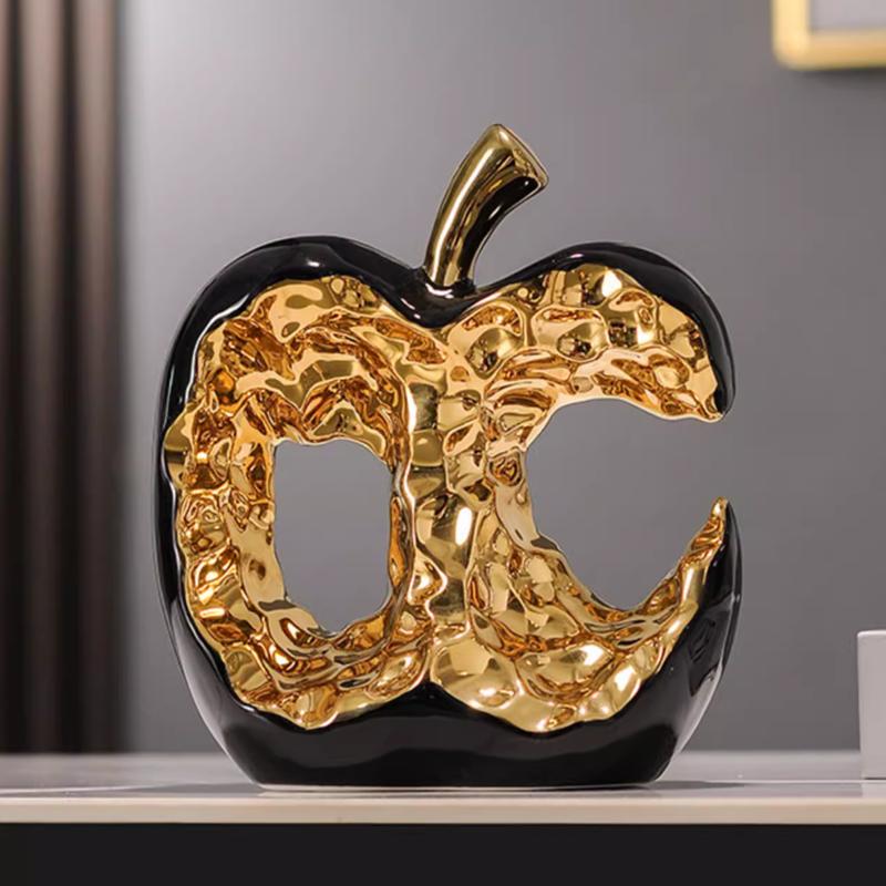 Gold Plated Hollow Apple Sculpture, Ceramic Crafts, Office Desktop Ornaments, Apple Model Sculptures, Living Room Decorations