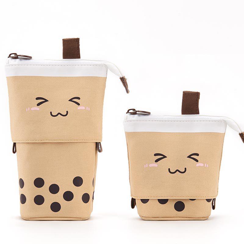Polka Dot Milk Tea Pull-down Pencil Case with Heart and Smiley Face Design, Multifunctional Stationery Holder