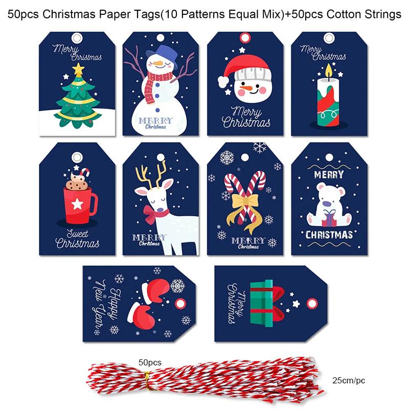 50pcs Merry Christmas Kraft Paper Tags Gift Packaging Decoration Xmas Tree Hanging Label 2024 Navidad New Year Kids Gift Card