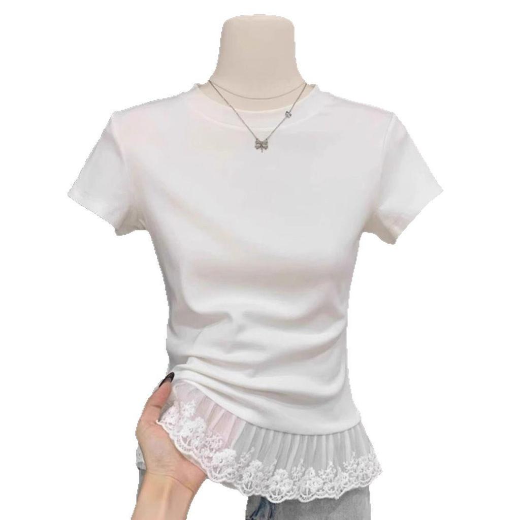 Women's White Lace Patchwork Short Sleeve T-shirt: Gentle and Slimming Spring Style