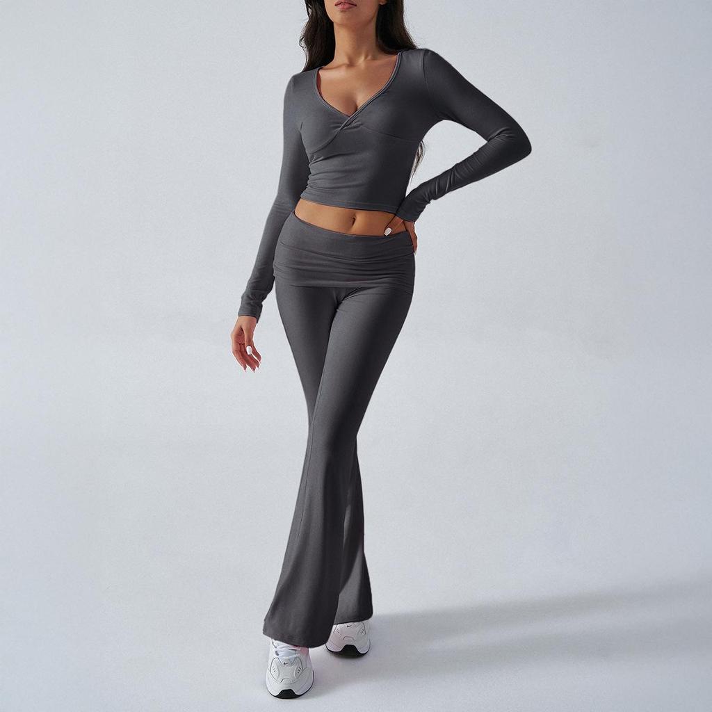European-American Women's Casual Sports Slim Knit Two-Piece Set - Long Sleeve Top & Pants, Lazy Style.