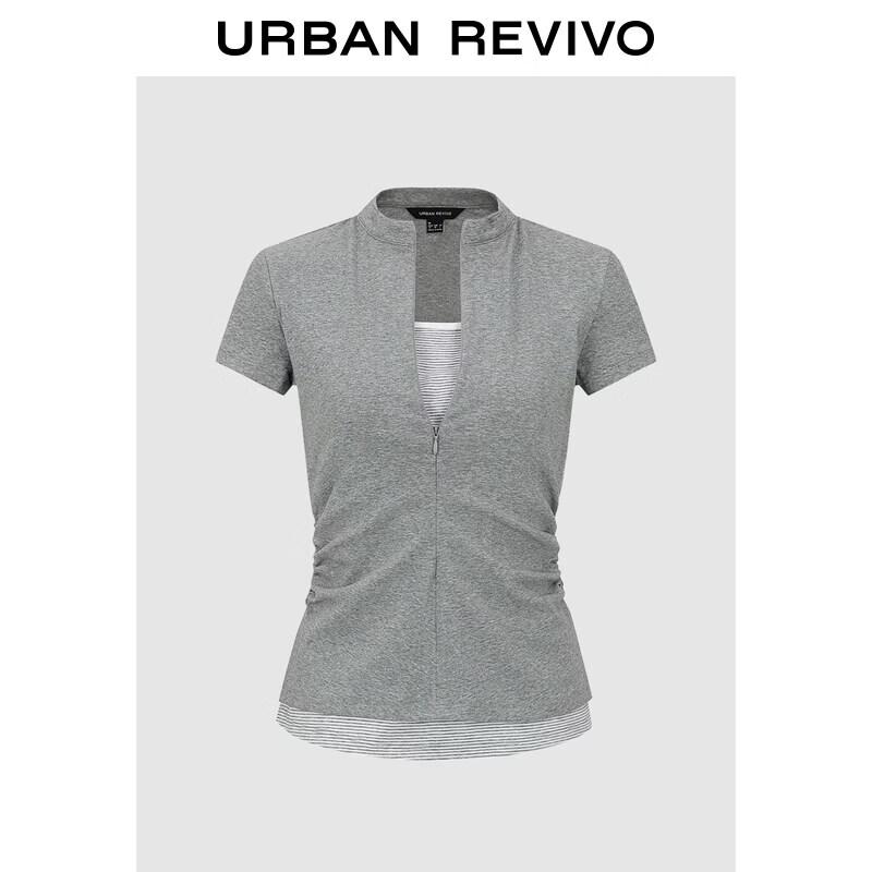 UR2026 Women s Faux Two-Piece Striped Pleated T-Shirt M