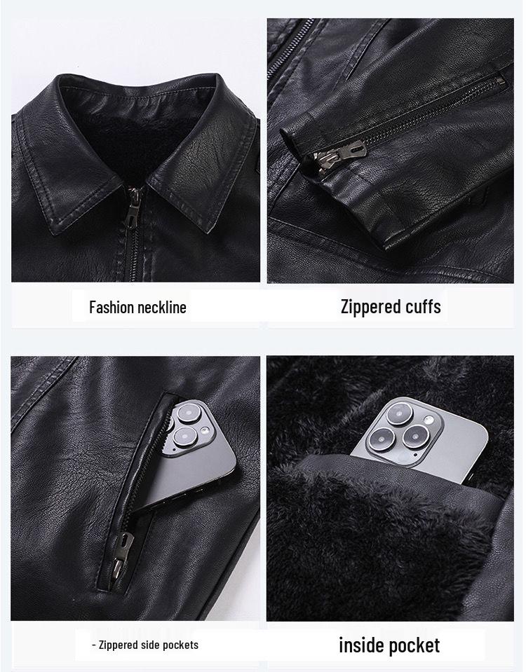 Men’s Slim Fit Leather Jacket with Velvet Lining - Casual Plus Size Lapel Outerwear for Autumn and Winter