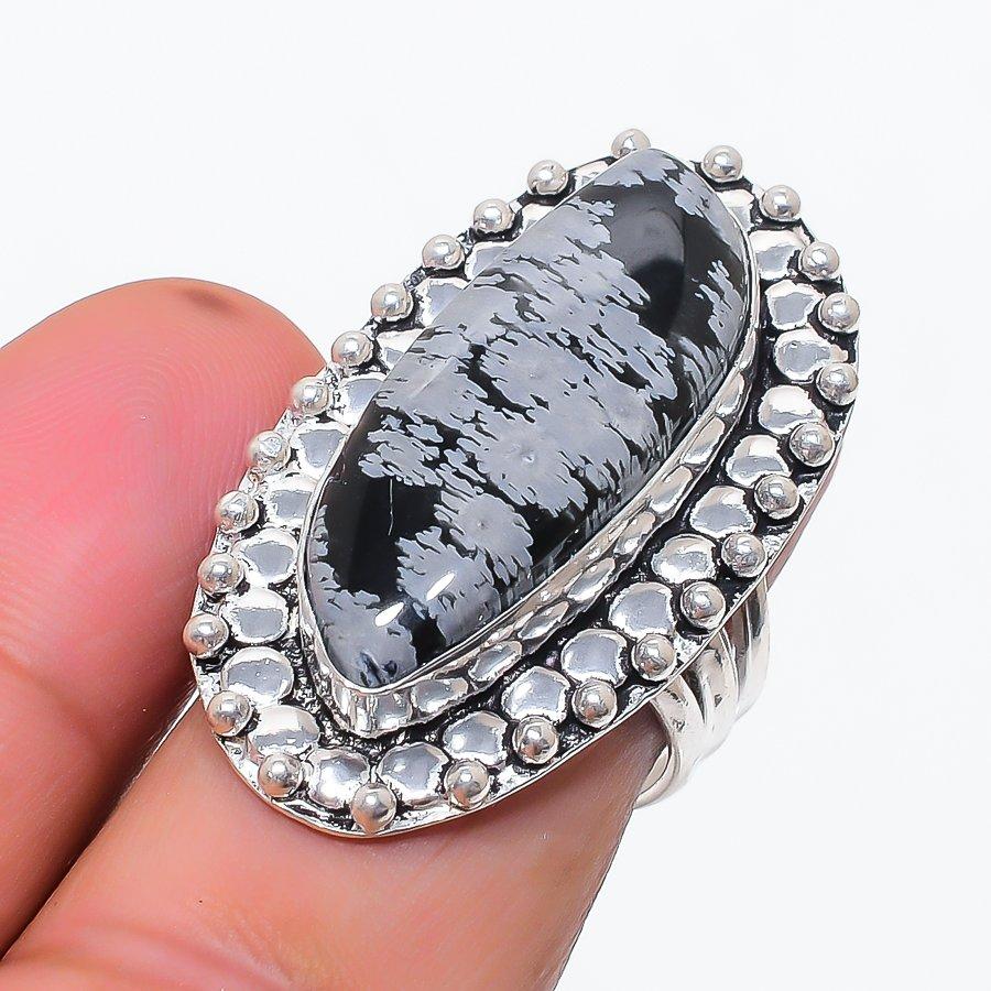 Natural Snowflake Obsidian Gemstone 925 Sterling Silver Jewelry Ring Size 8 j6Q74