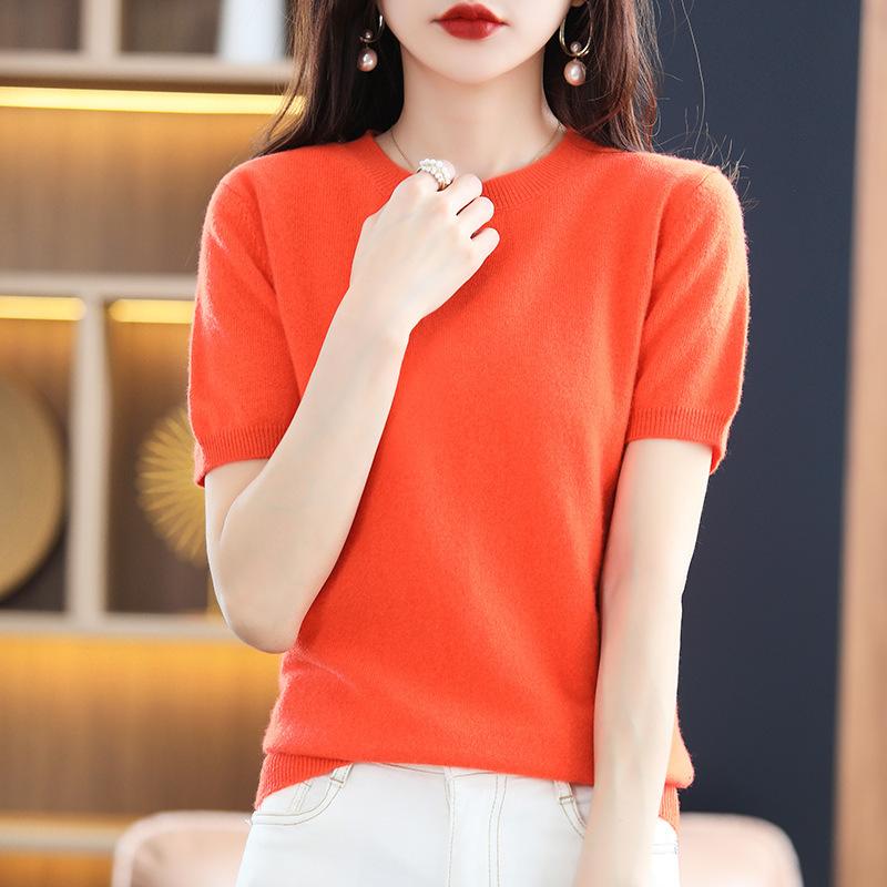 VEZFAA Dámská móda Ležérní podzim Zima Jednobarevné svetry s krátkým rukávem a výstřihem do O