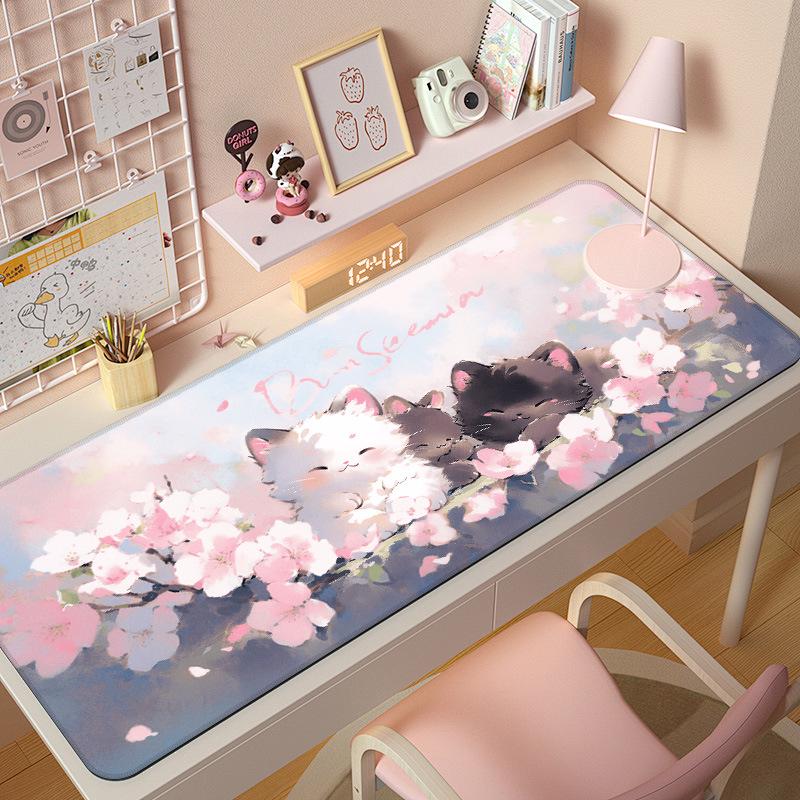 Extra Large Cute Cat Cartoon Mouse Pad with Stitched Edges - Aesthetic Desk Mat for Girls