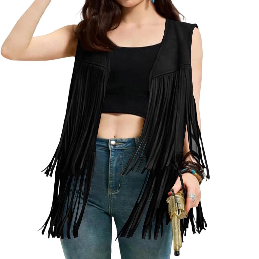 Mode Dam Vinter Mocka Etnisk Ärmlös Tofsar Franskad Väst Cardigan