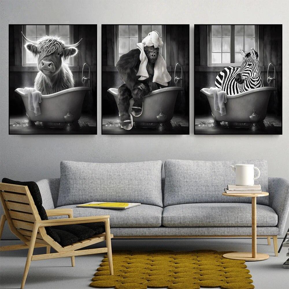 Funny Animal In Bathroom Poster Giraffe Elephant Orangutan Zebra Sitting In Bathtub Canvas Painting Toilet Wall Art Pictures No Frame
