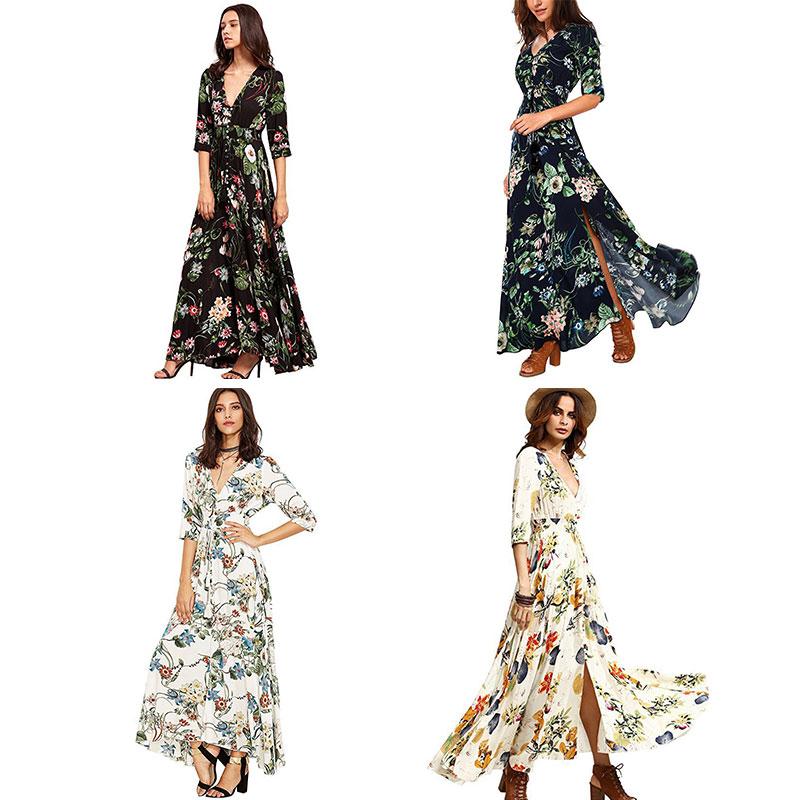 Robe longue ample à col en V et motif ethnique vintage bohème pour femme