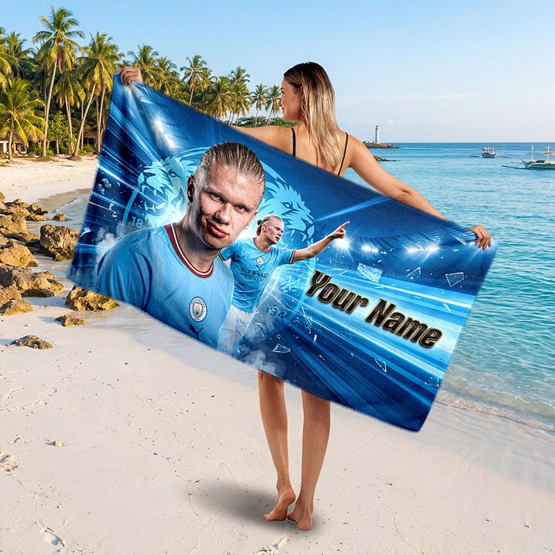 Asciugamano da Spiaggia Personalizzato Erling Haaland, Stampa Testo Nome Personalizzato, Asciugamano Morbido ad Asciugatura Rapida con Logo Calcio, Regalo per le Vacanze