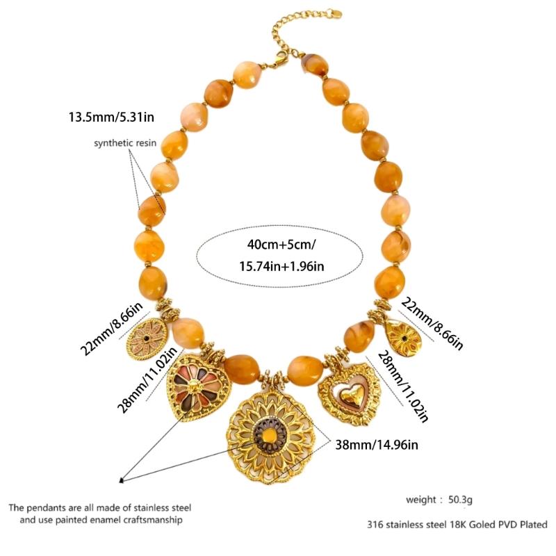Stylish Floral Heart Accent Resin Bead Necklace Adjustable Length Neckchain Versatile Jewelry Gift For Her