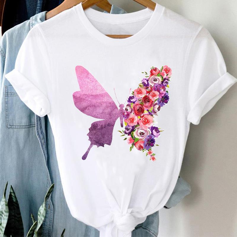 (Asian Size) Printed Clothing Top Fashion feather flower 90s Short Sleeve T-shirts Women Graphic Tee Lady Female Casual T Shirt Tees