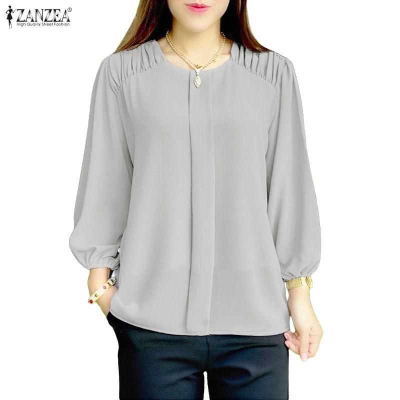 ZANZEA Women Casual Round Neck Solid Color Long Sleeve Blouse