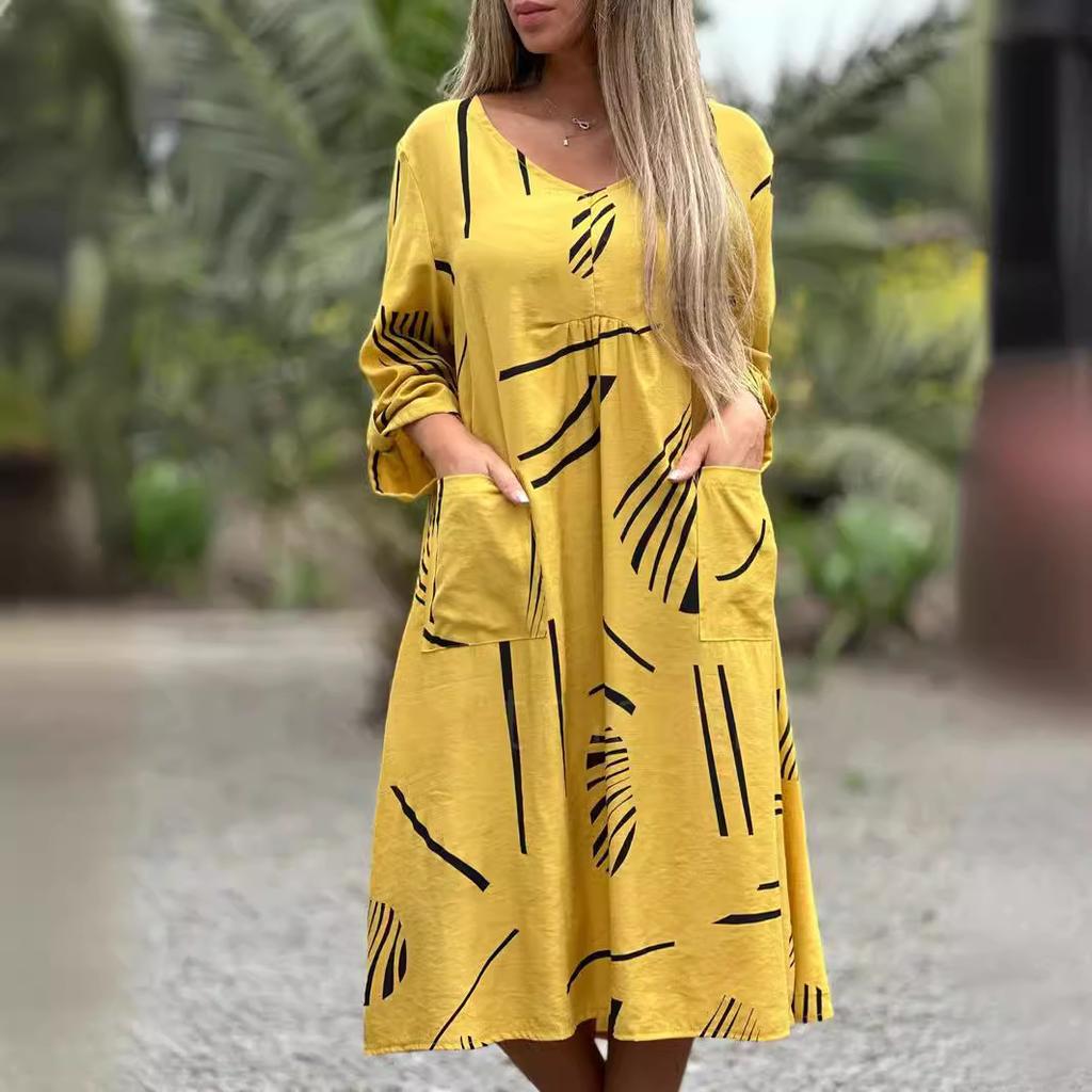 Letnia sukienka damska Modna, na co dzień, z wysokim stanem i nadrukiem, z długim rękawem, w dużych rozmiarach