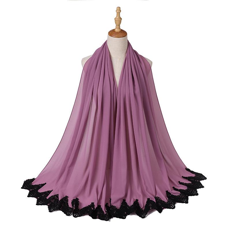 New Pearl Chiffon Malaysia Fashion Black Lace Scarves Muslim Shawl Plain Soft Turban Head Wraps Headband