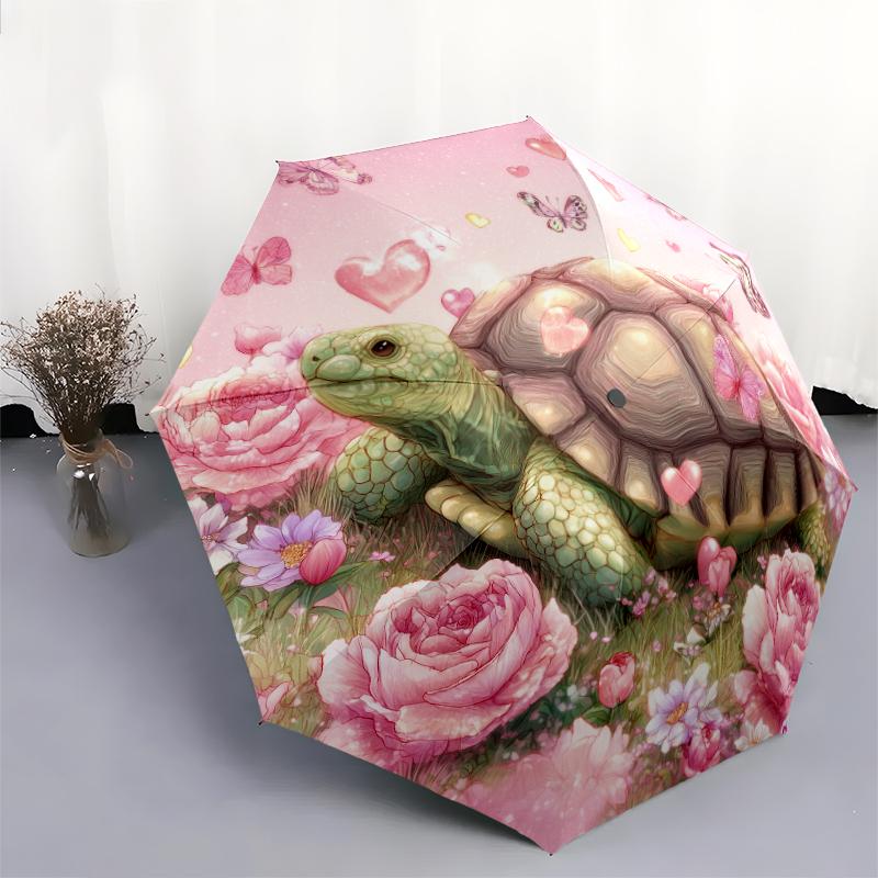 Turtle and Flower Pattern, Automatic Folding Umbrella, Portable and Foldable Design, 8 Ribs, a Christmas or Birthday Gift.