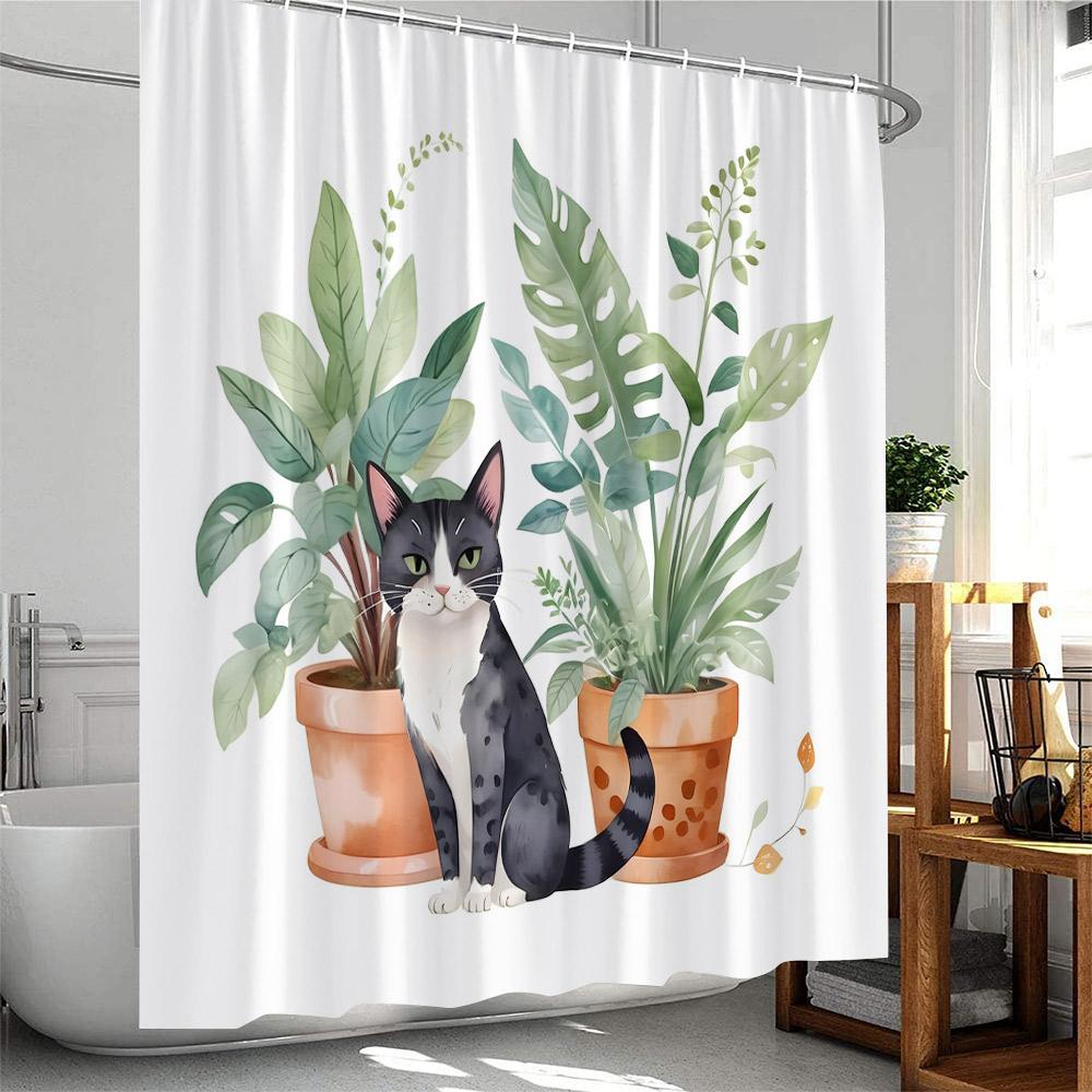 Plant Shower Curtain Cats Green Potted Plants Leaves Cat on the Toilet Modern Bathroom Decor Polyester Fabric Bathtub Curtain