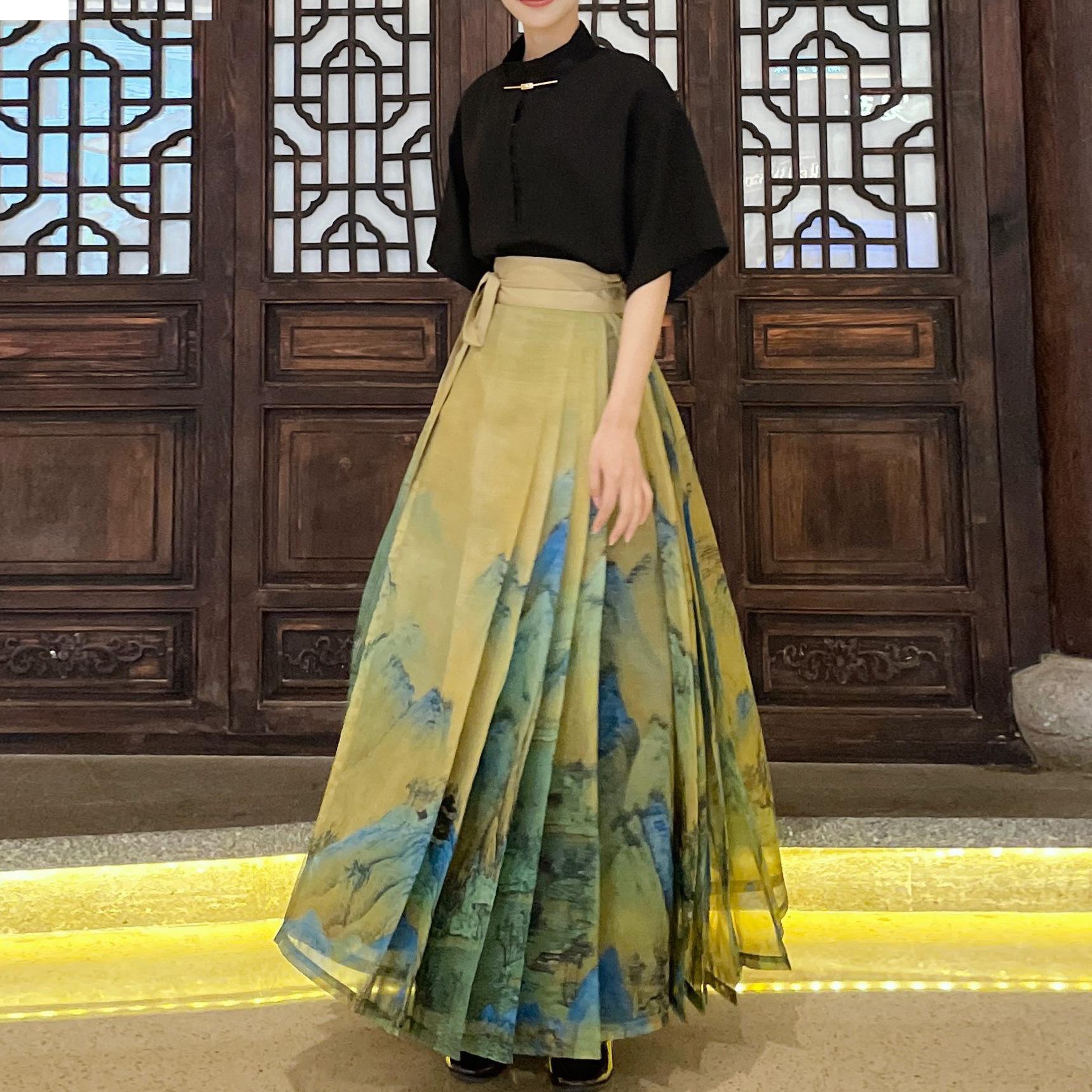 

Of Qianli Jiangshan Юбка с конским лицом Hanfu женская тонкая повседневная полуюбка с воротником-стойкой и короткими рукавами Hanfu с рубашкой