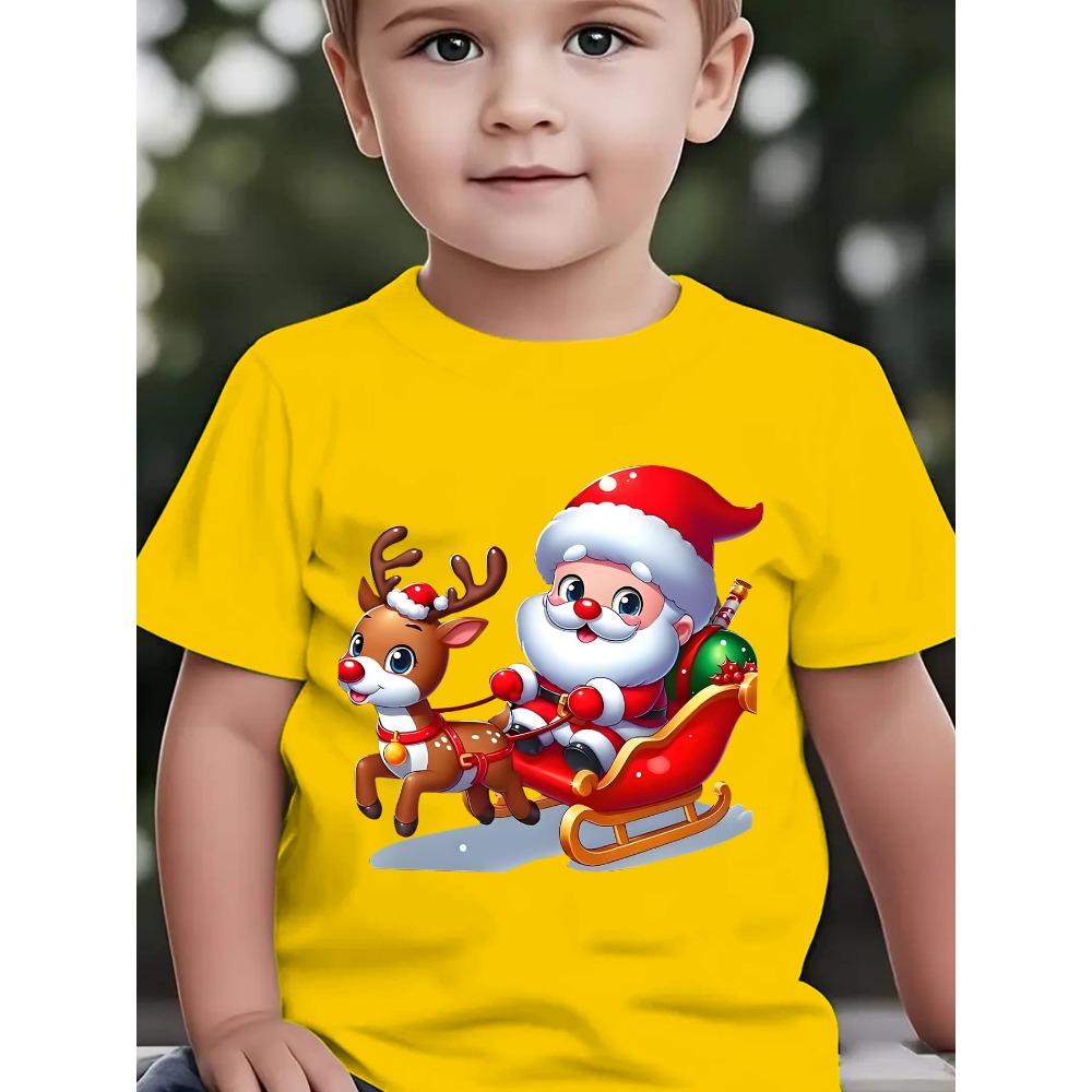 Summer Children's Fashion T-shirt Christmas Santa Claus Printed Outdoor Casual Parent Child Top Sitting on Elk Sled