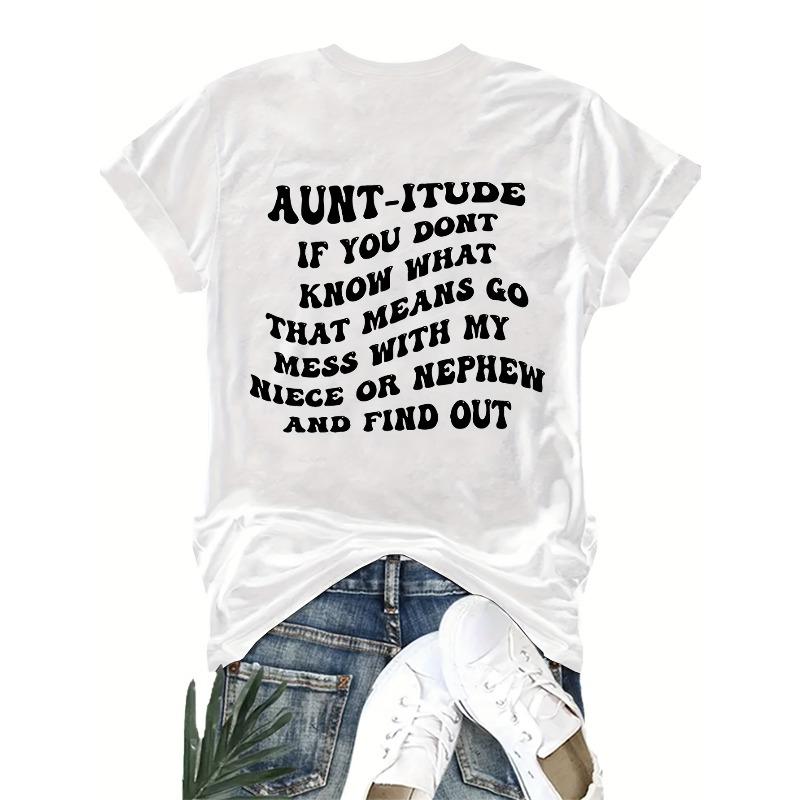 Women Aunt Humor Letter Print T-Shirt Crew Neck Short Sleeve Spring Summer Family Gathering Casual Machine Washable Top