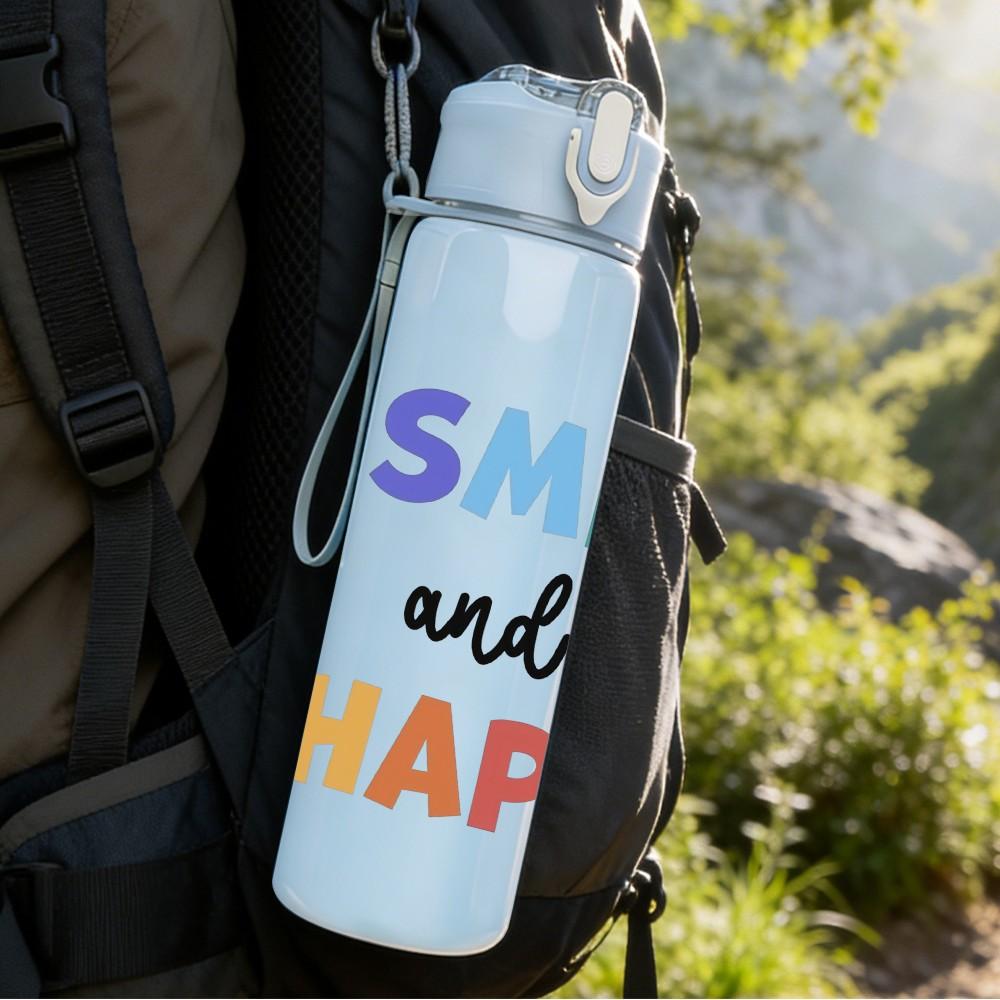 1PC Smile And Be Happy Pastel Lettering Print 750ml Color Plastic Sports Water Bottle Leakproof Flip Straw Lid Suitable for Sports Office Home Use