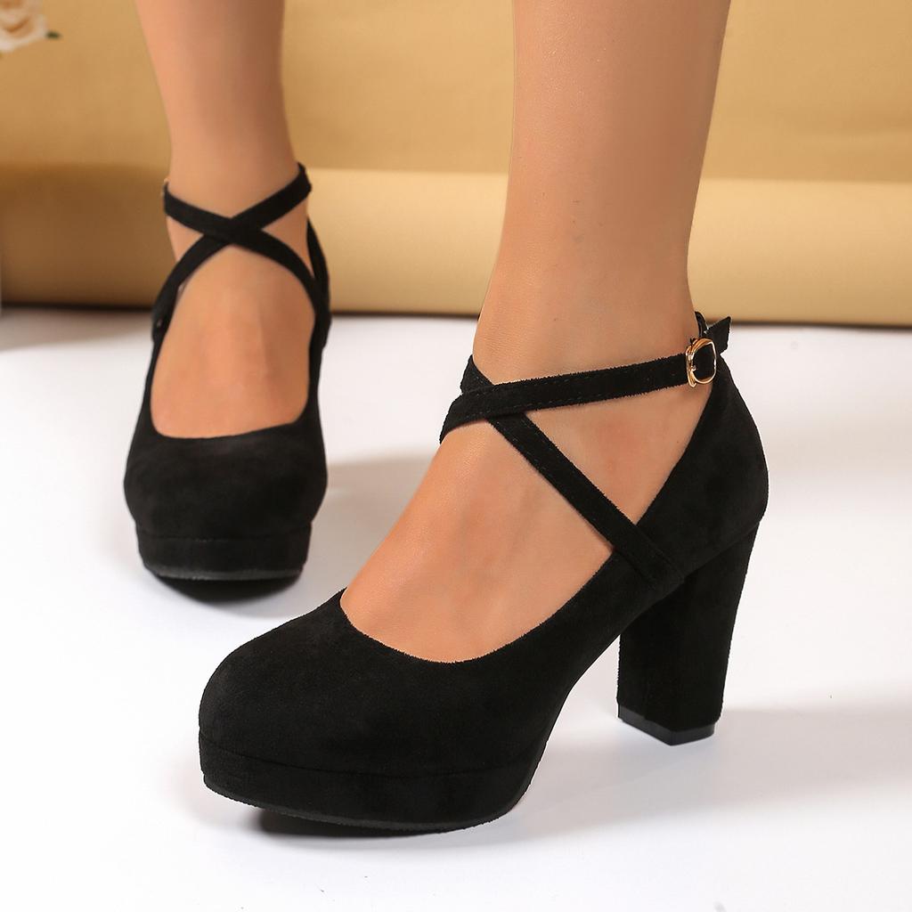 Fashion Comemore 2025 New Chunky High Heels Women's Shoes Fashion Suede Cross Strap Elegant Woman Heels Platform Solid Party Dress Pumps