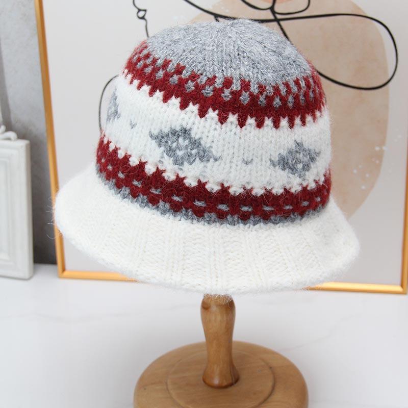 Vintage Fair Island jacquard knitted bucket hat women's autumn and winter thickened warm wool hat showing face small bucket hat