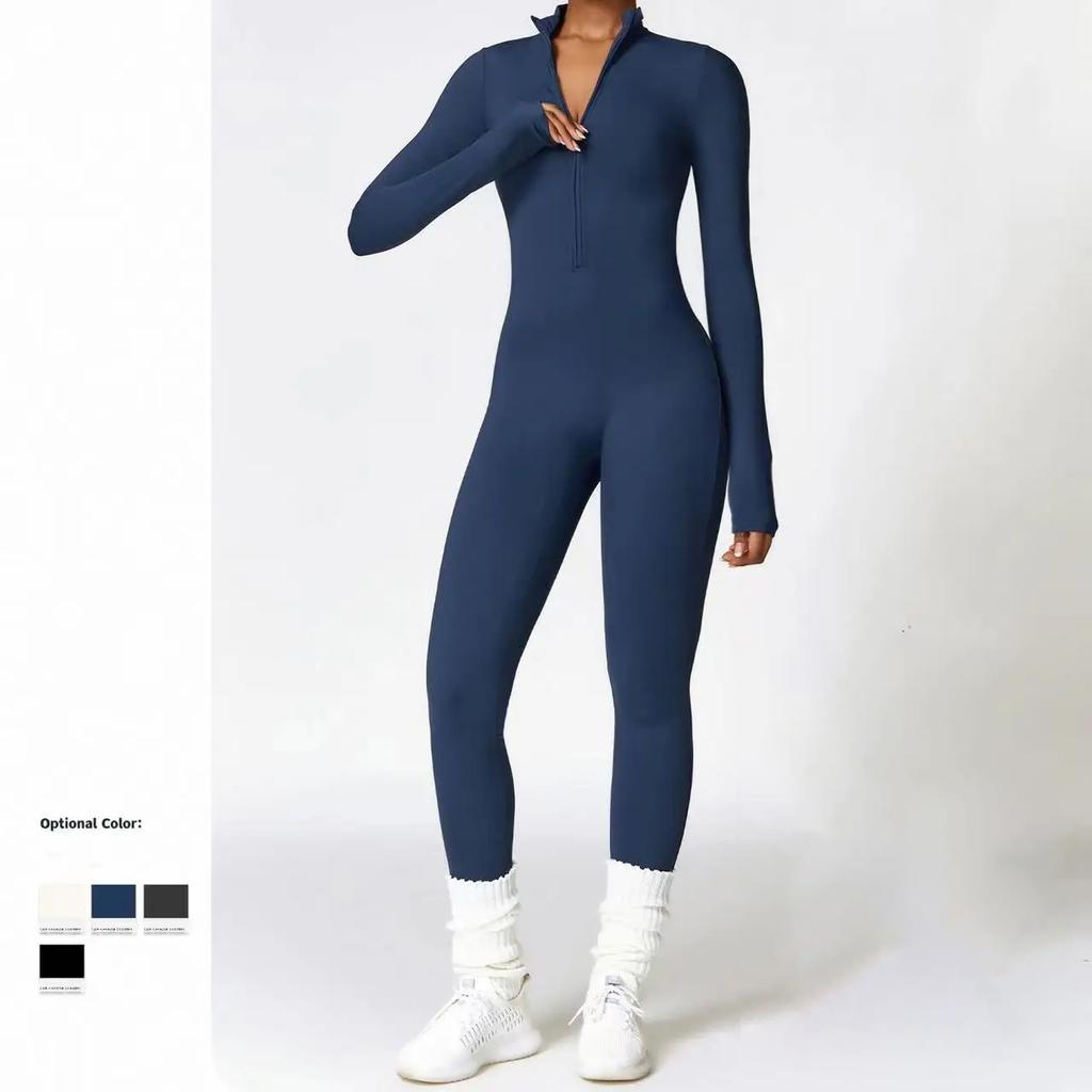 Winter Autumn Women's One-piece Yoga Jumpsuit Leggings Long-sleeved Warm Ski Overalls Outerwear High Elastic Cycling Bodysuit
