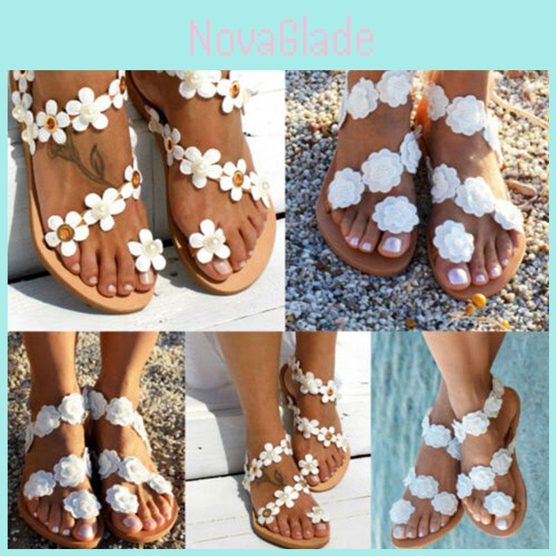 Stylish Women Summer Bohemia Flower Beach Sandals Flat Shoes Slippers Flip Flops
