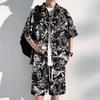 ZY30 Men's Summer Tie-dye Ice Silk Floral Two-piece Casual Set with Short-sleeved Shirt and Shorts