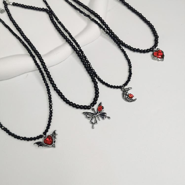 Fashionable Necklace Adornment With Black Crystal Beads Highlighting Heart And Butterfly Symbols For Modern Women