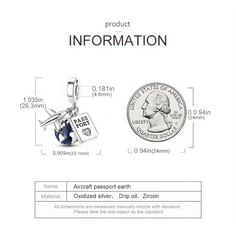 Charms 925 Silver Airplane Passport Earth Beads. Womens Original 925 Bracelets and Bangles DIY Jewelry Pendant Gift