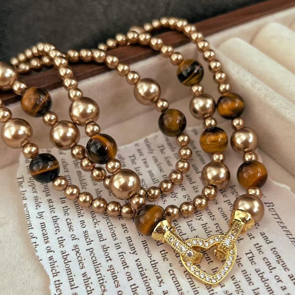 Maillard High Gloss Perfect Round Artificial Crystal Pearl Natural Tiger'S Eye Necklace Clavicle Chain Sweater Chain