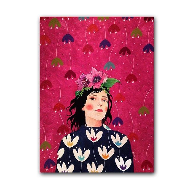 Abstrakcyjna dziewczyna z kwiatami Kolorowe długie włosy Plakat skandynawski Kobieta Malarka na płótnie ściennym