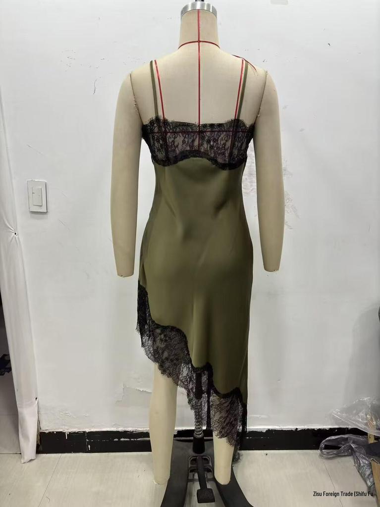 Asymmetrical Lace Dress with Silk Satin Texture: European & American Women's Fashion