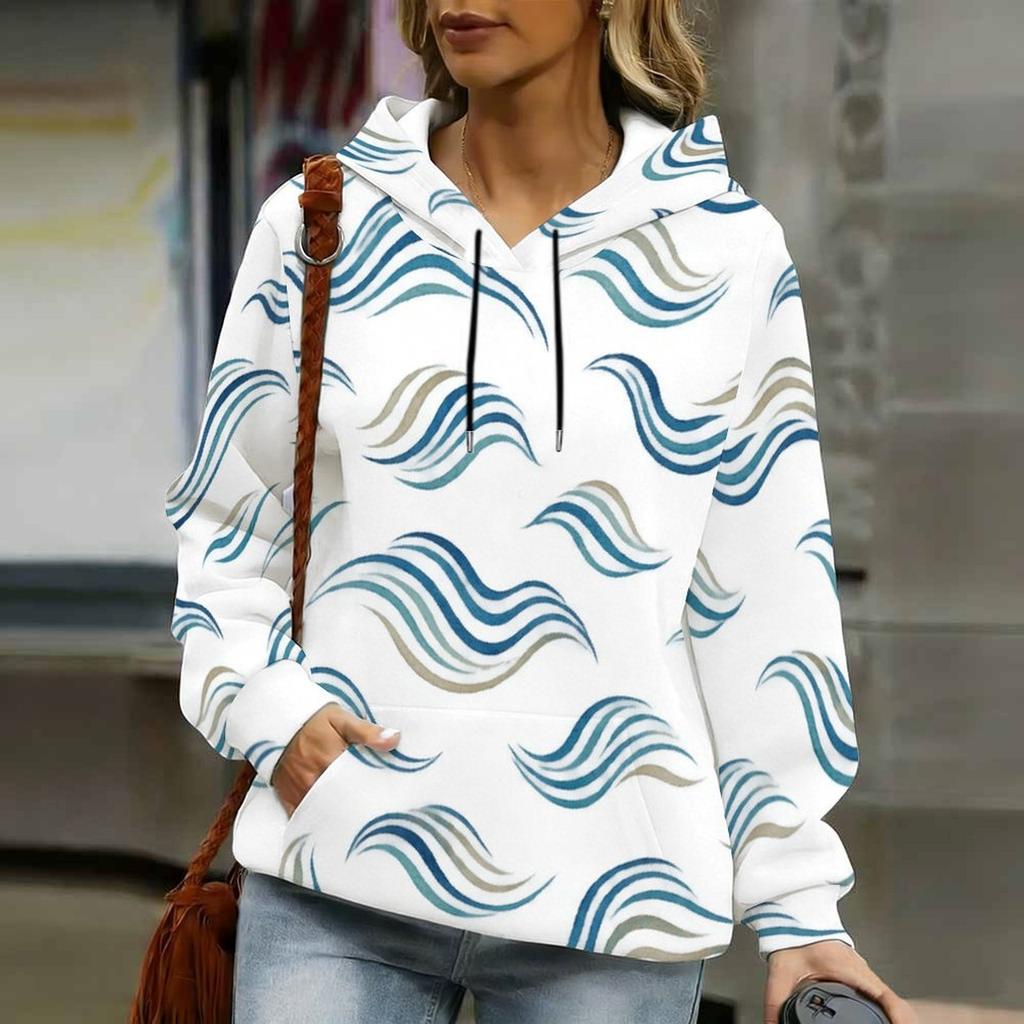 Women Plus Size Wave Printed White Long Sleeve Drawstring Hoodie Pullover With Kangaroo Pocket