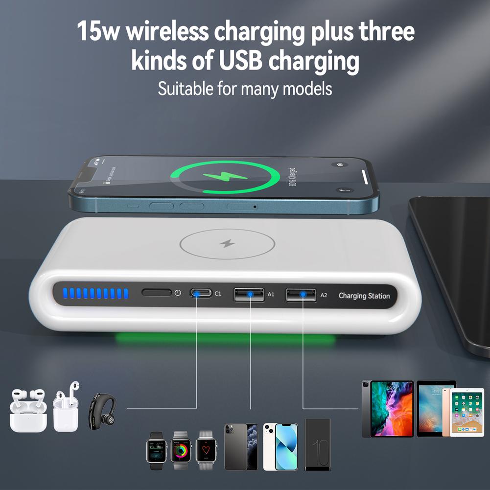 Hub USB tipo C 4 in 1 Caricatore wireless da 15 W Indicatore LED multiporta QC3.0 di ricarica rapida per iPhone iWatch Auricolare Telefono Android