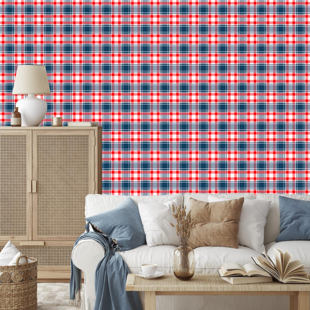 Navy Blue Red Coral Check Wallpaper for Living Room and Bedroom 50x1000