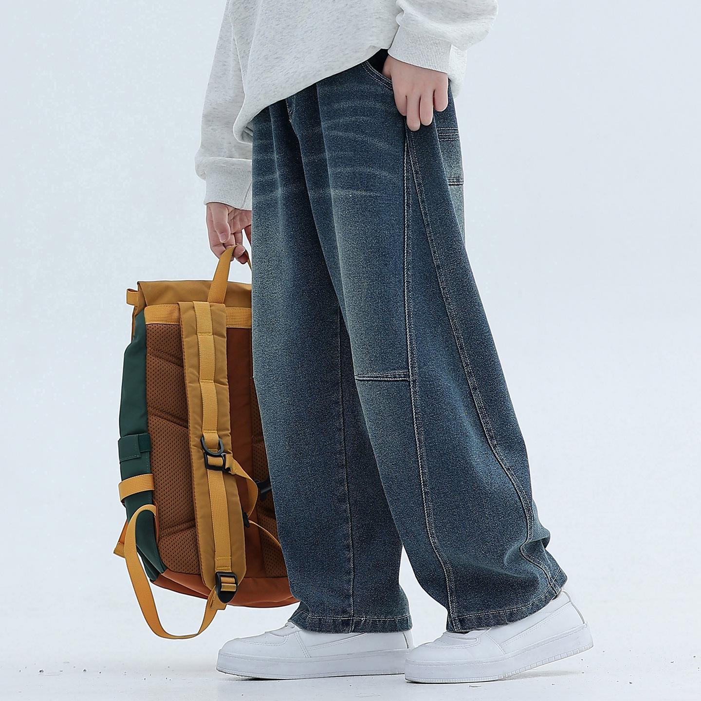 Boys Retro Gradient Denim Jeans: 2026 Autumn Style Loose Straight-Leg Pants for Kids 120