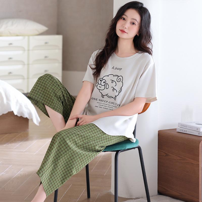 Summer new women's pajamas with chest pads, pure cotton breathable thin round neck pullover, cotton loungewear, large size simple