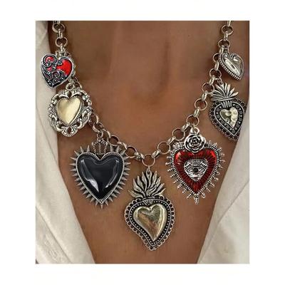 Collana statement con catena Chunky gotica, ciondoli a forma di cuore fiammeggiante, ciondolo occhio maligno, anti-argento, rosso, nero, gioielli di Halloween