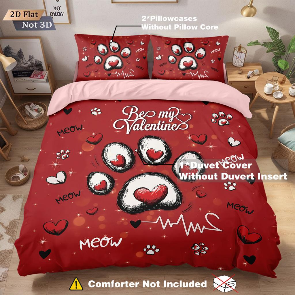 3pcs Valentine's Day Red Cat Claw Printed Bedsheet Set Multi Size Bedroom Dormitory Bed Holiday Decoration Machine Washable