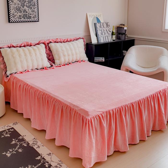 new solid color double-sided milk fleece bed skirt single piece no pillowcase winter flower household bed skirt