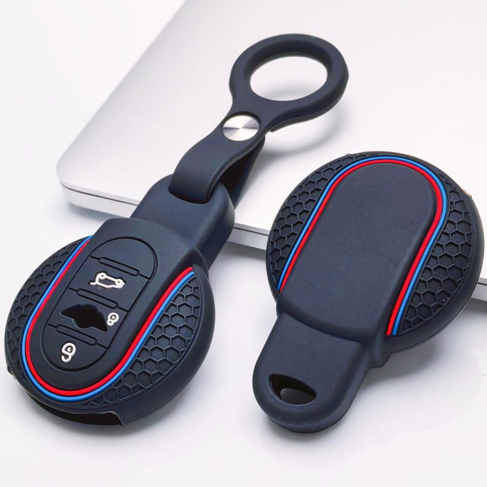 Silicone Car Key Fob Cover Case with Keychain for BMW Mini Cooper F54 F55 F56 F57 F60 3, Fits BMW Cooper F54 F55 F56 F57 F60 Sport Stripe Soft Skin
