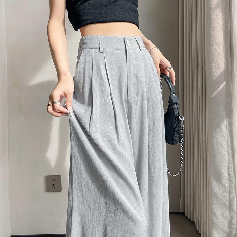 2026 Women's Ice Silk High Waist Wide-Leg Pants: Slimming, Drape, Casual, Loose, Milk Puff Style for Summer