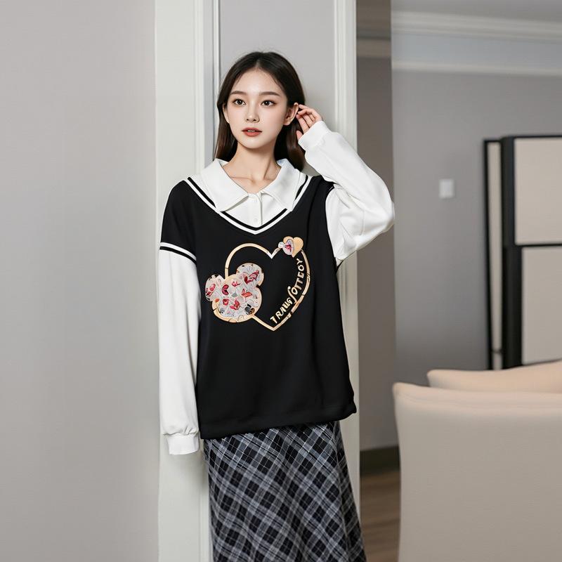 Übergröße Damen Herbst Neues Design Nischengefühl Spleißen College-Stil Kapuzenpullover