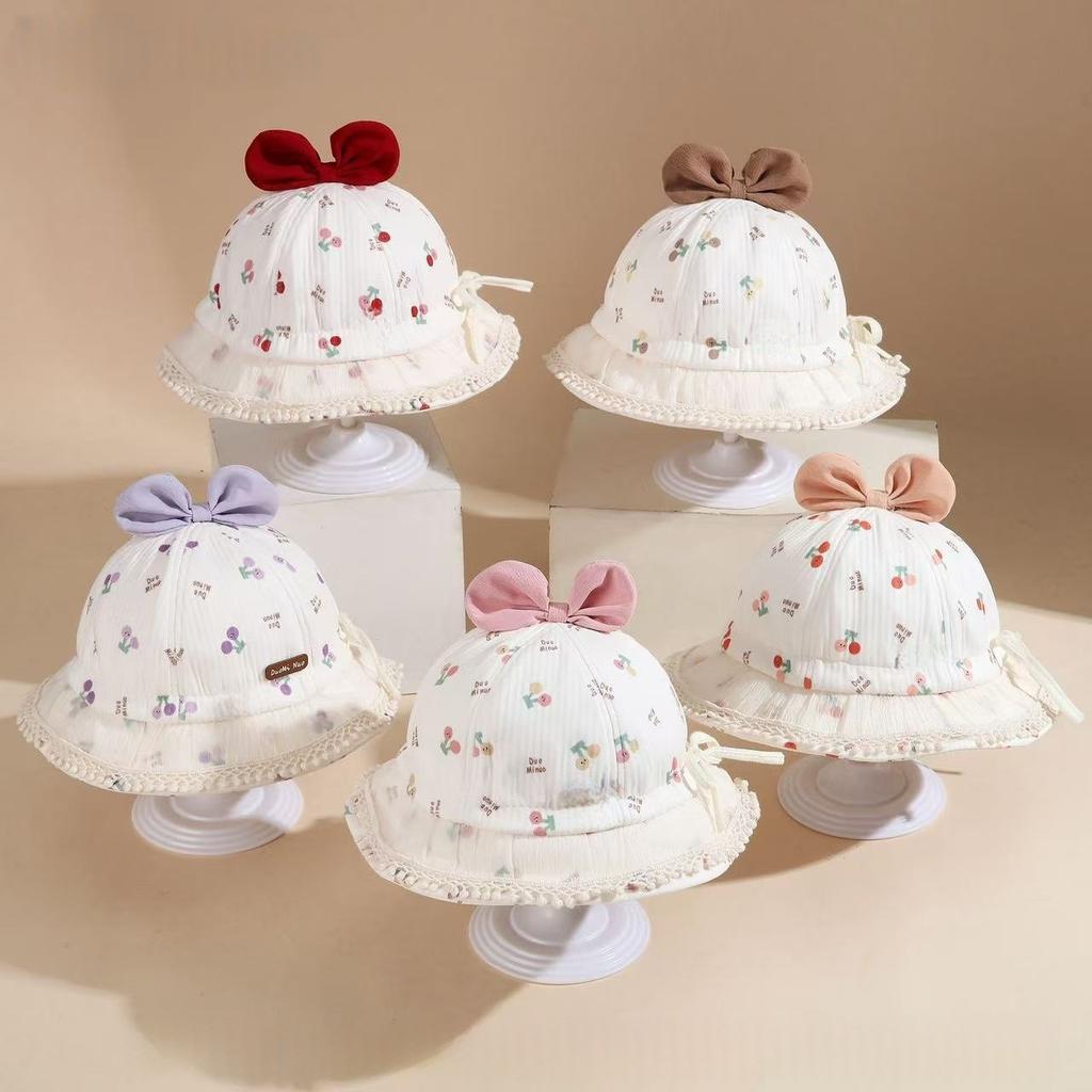 Baby Girl Floral Bucket Hat With Bowknot And Double Cherry Pattern Stylish Sun Hat For Infants And Toddlers