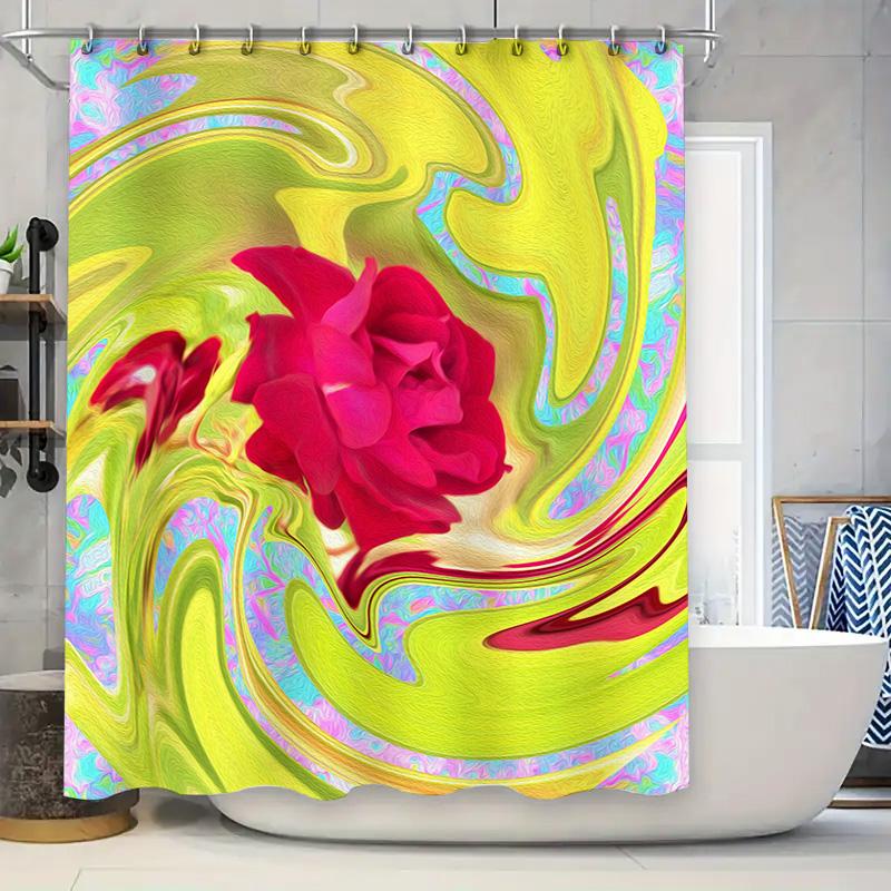 Stylish Modern Bathroom Shower Curtain with Abstract Floral Design for Home Decor Green, Red Yellow Colors 72 x 78 Inches Long S